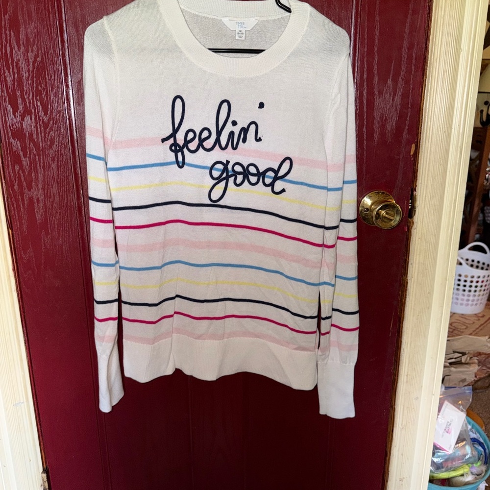 Time and Tru White Crewneck Sweater with Navy Script